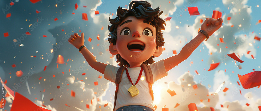 Animated 3D cartoon victory party athlete with medal Animated 3D cartoon victory party athlete with medal