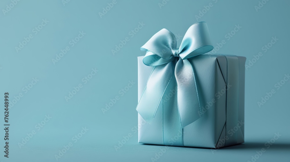 Elegant gift wrapped in white paper with a luxurious blue ribbon on a soft background Elegant gift wrapped in white paper with a luxurious blue ribbon on a soft background