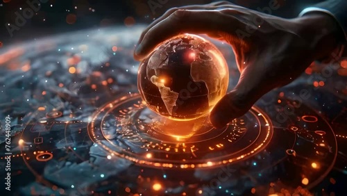 A hand holding the glowing Digital world on a digital background, in a futuristic and high-tech style with orange lights
