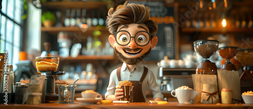 Enthusiastic 3D cartoon barista crafting the perfect coffee cozy cafe atmosphere photo