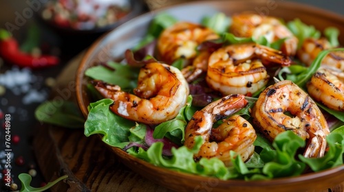 Plate with grilled shrimps and lettuce leaves on wooden table