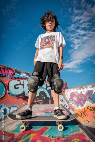 photo of an asian boy with skateboard, low angle shot at a skatepark on a summer day with a blue sky