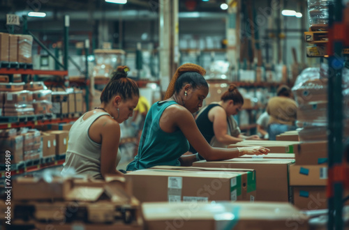 Industrial environment with focused employees packing boxes, showcasing the bustling atmosphere of a functional warehouse