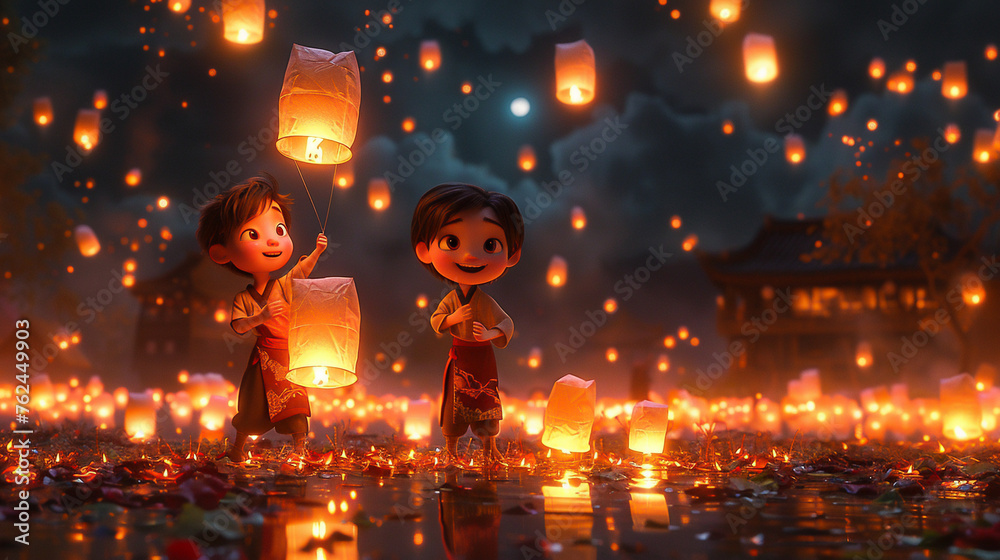 3D cartoon characters launching lanterns into the night sky