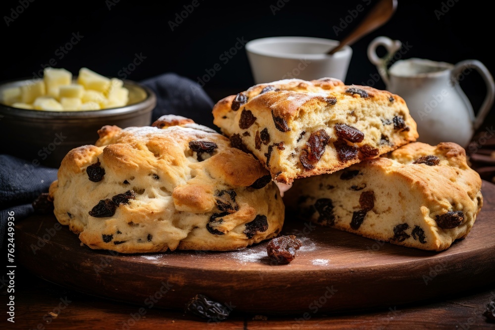 Crumbly Scone raisin baked. Baked sweet bread butter biscuit. Generate Ai Crumbly Scone raisin baked. Baked sweet bread butter biscuit. Generate Ai