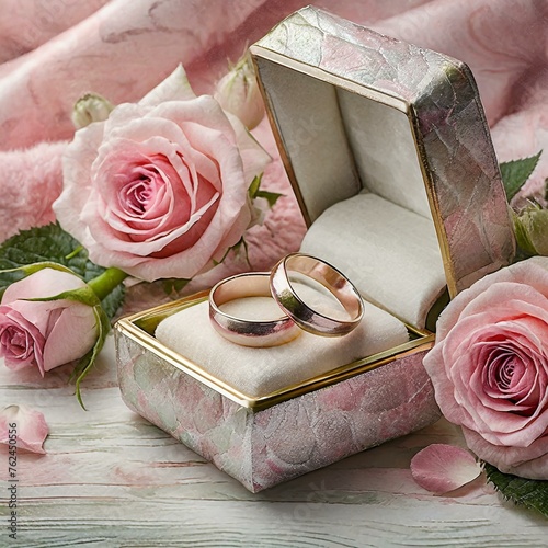 Pink roses and wedding rings in a box. Wedding, romantic background