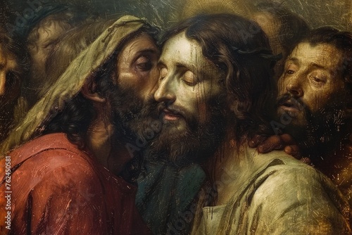 Kiss of Judas: pivotal moment of betrayal in the life of jesus christ, profound religious symbolism depicted in the bible, exploring themes of loyalty, deception, and redemption in christian theology