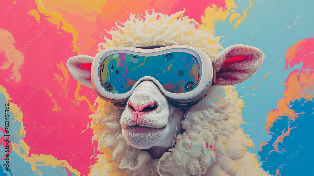 Cool Sheep Wearing Stylish Goggles Against a Colorful Abstract Background