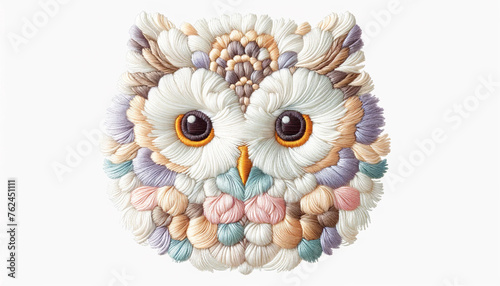 Owl face embroidery art white and soft pastel tones isolated on white canvas background. photo