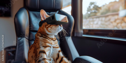 A majestic Bengal cat wears a VR headset comfortably seated in a luxurious chair, with window views © mendor