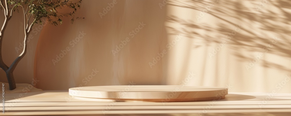 Serene Afternoon Light Casting Shadows on an Empty Wooden Platter and Plant Serene Afternoon Light Casting Shadows on an Empty Wooden Platter and Plant