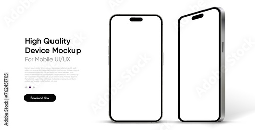 3D realistic high quality smartphone mockup with isolated background. Smart phone mockup collection. Device front view. 3D mobile phone with shadow on white background. photo