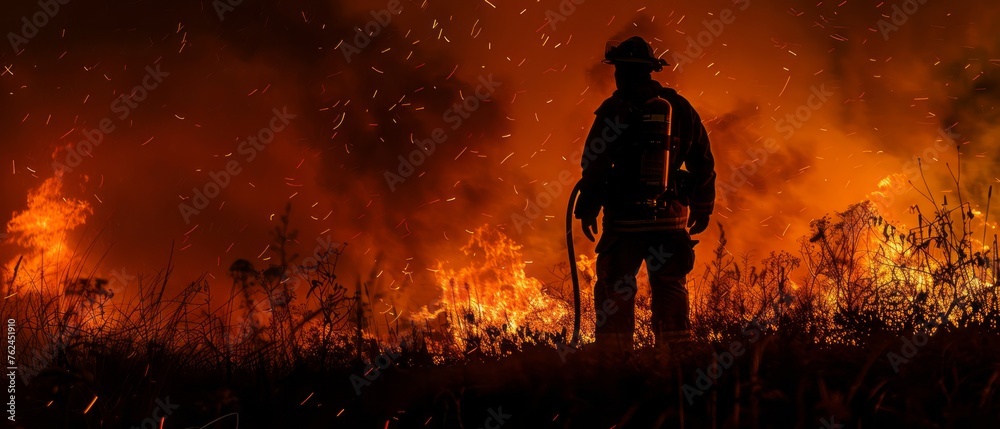 Firefighter stands in front of wildfire. Firefighter stands in front of wildfire.