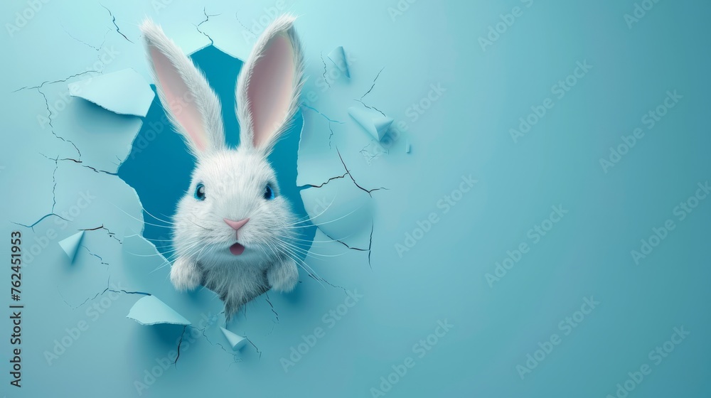 White rabbit peeks out of ripped hole in blue background. - obrazy, fototapety, plakaty 