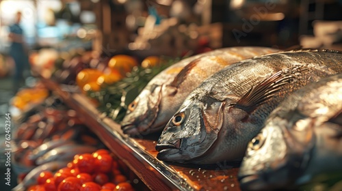 Fresh Sea Bream at Local Market Display, Glistening sea bream lined up for sale at a local market, with a blurred background of vibrant vegetables, capturing the freshness and quality of market produc photo