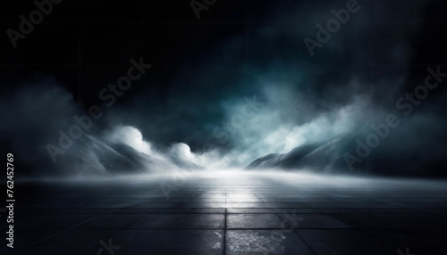 Black room or stage background for product placement, mist or smog moves on black background.