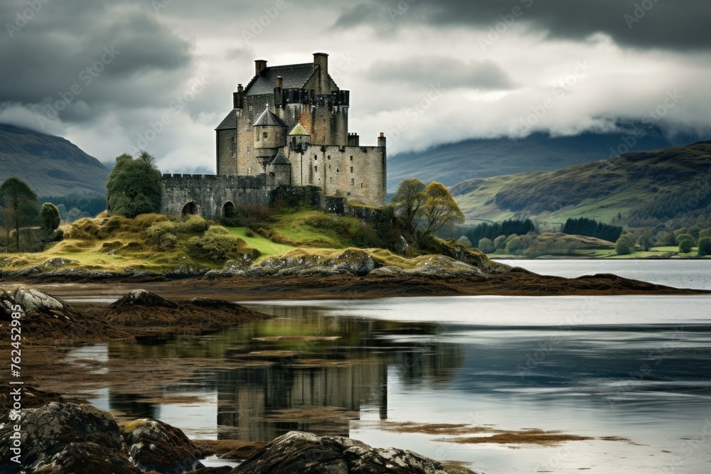 Majestic Scot scottish castle. Fortress travel. Generate Ai