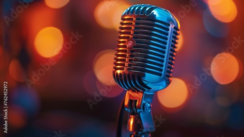 Classic microphone on stage with a blurred bokeh background of concert lights