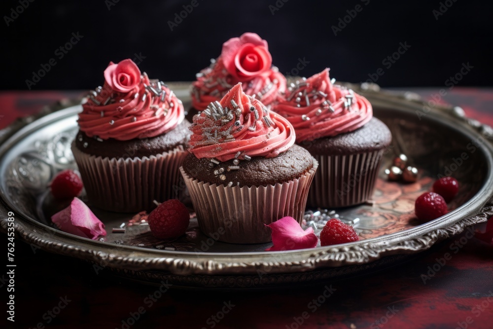 Hearty cupcakes on a rustic plate against an aged metal background