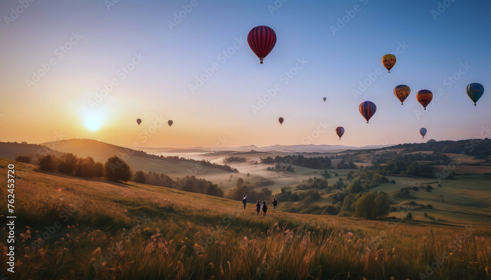 Naklejka premium a balloon is flying at sunset, a balloon in the clouds, a lot of balloons in the sky
