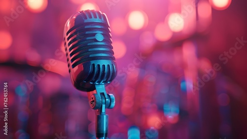 Classic microphone on stage with a blurred bokeh background of concert lights