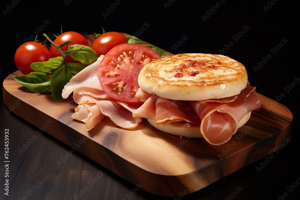 a sandwich with tomatoes and meat on a wooden board
