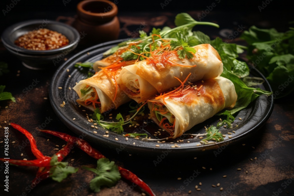 Exquisite spring rolls on a rustic plate against an aged metal background Exquisite spring rolls on a rustic plate against an aged metal background