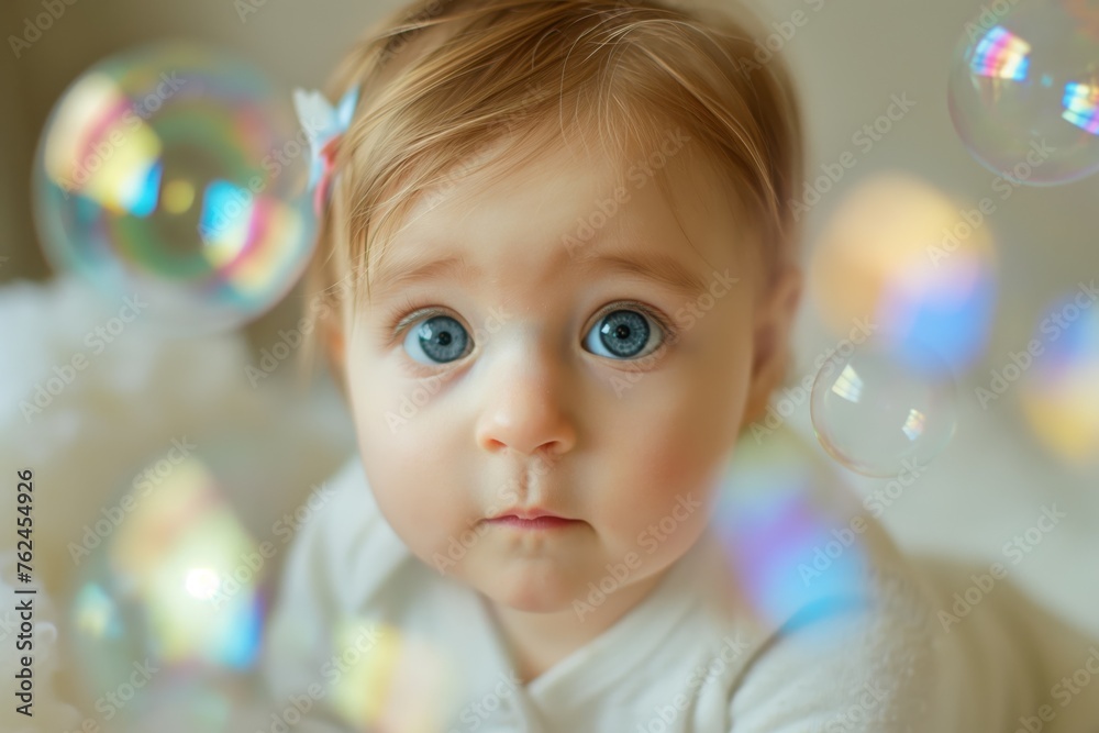 Close-up of a baby with sparkling blue eyes, surrounded by colorful bubbles Close-up of a baby with sparkling blue eyes, surrounded by colorful bubbles