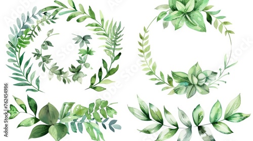 Set of Wedding Invitation Frames; flowers, leaves, watercolors, isolated on white. Sketched wreath, floral and herb garland with greenery color palette. Handdrawn Modern Watercolor style, nature art.
