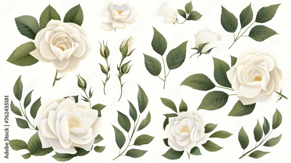White rose branches set with green leaves in a wedding concept. Floral poster for greeting cards or invitations. Modern arrangements for greeting cards or invitations.