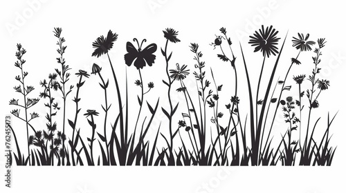 Grass, flowers and herbs black silhouettes on white background. Hand drawn flower and insect sketches. © Mark