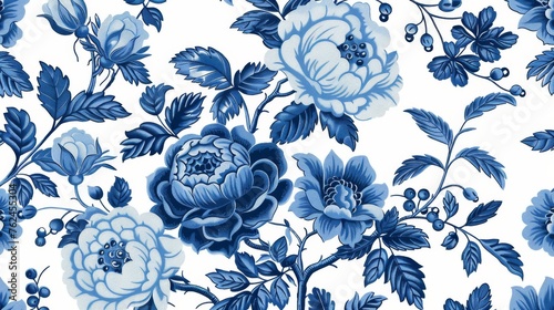 Flowers in bloom. Blue and white floral seamless pattern. Chinoiserie.