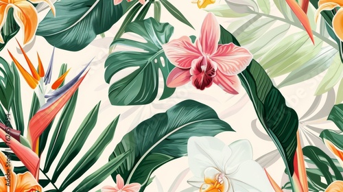 Modern seamless tropical floral pattern background with exotic flowers, palm leaves, jungle leaves, orchids, bird of paradise flowers. Hawaiian botanical wallpaper illustration. © Mark