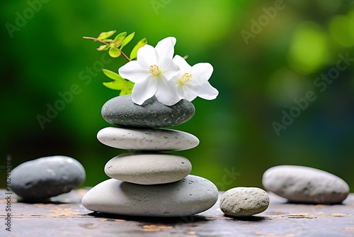 a stack of rocks with flowers on top