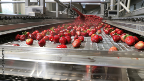 Capturing the Harvest: Strawberries Moving Along the Conveyor  © Ariyl