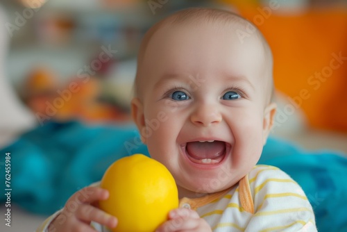 Adorable young baby smiling joyfully while playing with a ripe lemon, exuding happiness and innocence in a bright, colorful indoor portrait