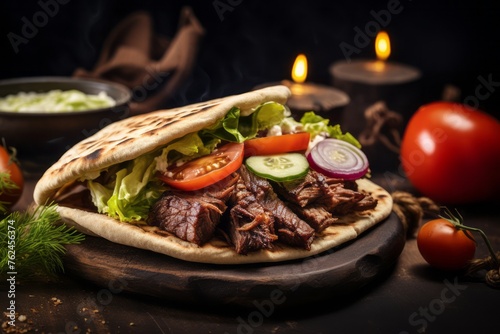 Refined doner kebab on a rustic plate against a sandstone background