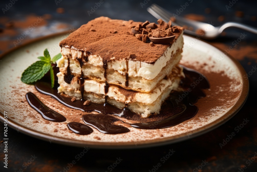 Delicious tiramisu on a porcelain platter against a sandstone background Delicious tiramisu on a porcelain platter against a sandstone background