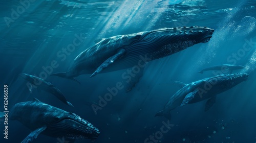 A group of beautiful blue whales under the sea. © jutarat