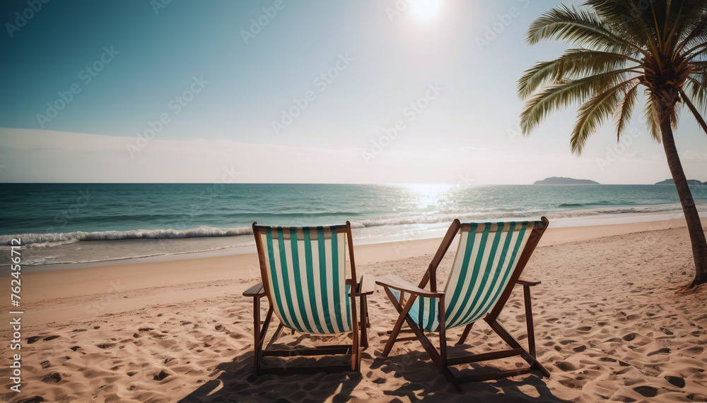 two sun loungers by the sea at sunset, a place to relax, a vacation awaits you, a wonderful place to relax, palm trees by the sea, go on vacation, vacation