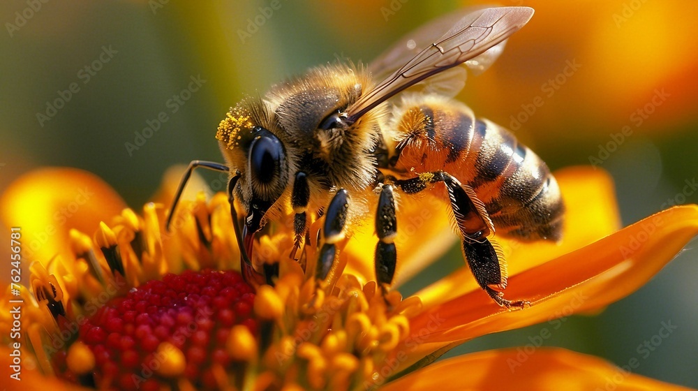 Macro shot of a honeybee delicately pollinating a bright orange flower, with sunlight enhancing the vivid colors. Macro shot of a honeybee delicately pollinating a bright orange flower, with sunlight enhancing the vivid colors.