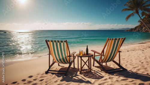 two sun loungers by the sea at sunset, a place to relax, a vacation awaits you, a wonderful place to relax, palm trees by the sea, go on vacation, vacation © Vladislav