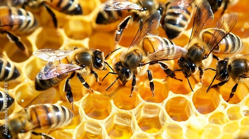 Close-up view of honeybees working diligently on hexagonal honeycombs, with golden honey in the cells.