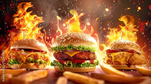 three hot spicy hamburger cheeseburger set on fire and smoke, fries foreground, dramatic cinematic pose dark background food advertisement ads