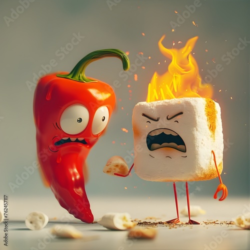 A vibrant red chili pepper is shown exhaling intense flames, with a fearful and unburnt marshmallow standing nearby photo