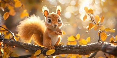 Curious Squirrel Balances on Autumn Tree Branch Holding Acorn in Bright Sunlit Scene