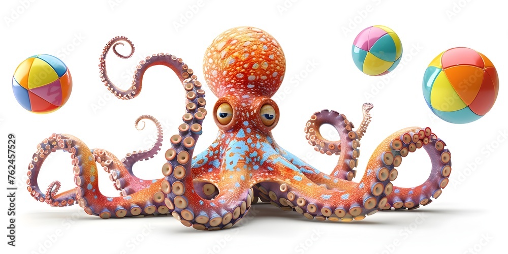 Obraz premium Playful Octopus Juggling Colorful Beachballs in Vibrant Underwater Scene