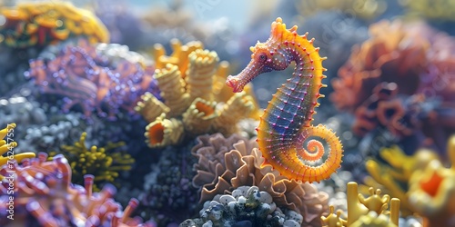 Whimsical Seahorse Exploring Vibrant Coral Reef Underwater Wonderland © Bussakon