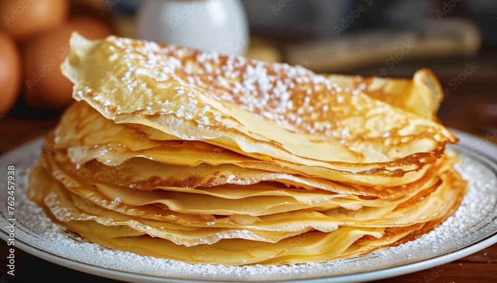Stack of French Crepes with Powdered Sugar Stack of French Crepes with Powdered Sugar