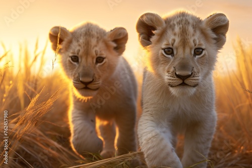 two baby lions walking in the grass